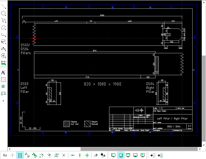 2D Design of the shelf pillars, in LibreCAD